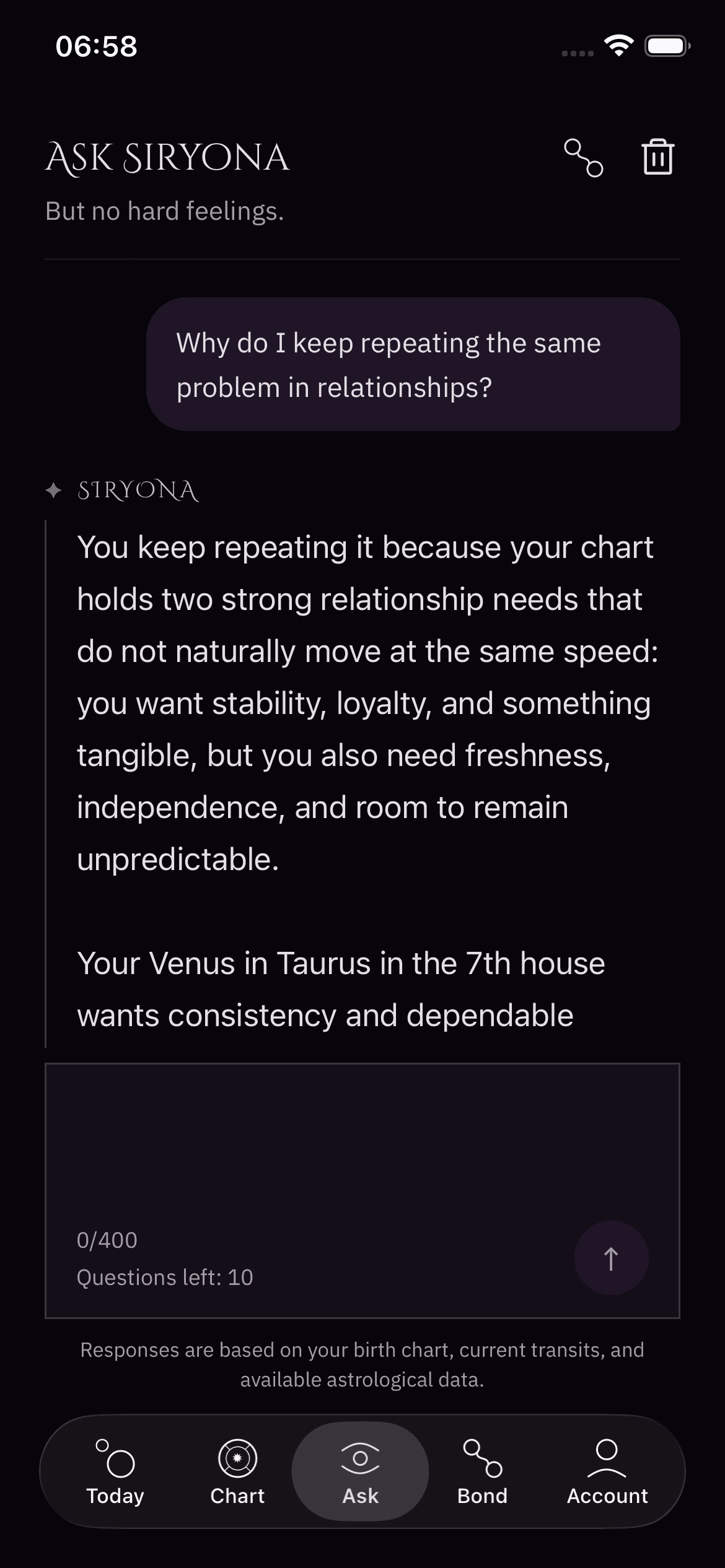 Ask Siryona answering a question about repeating relationship patterns using the birth chart